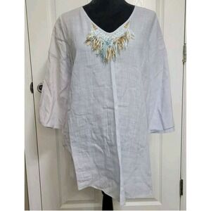 Buckley K Blue V-Neck Tunic Top 3/4 Bell Sleeves Fringe Womens Size M